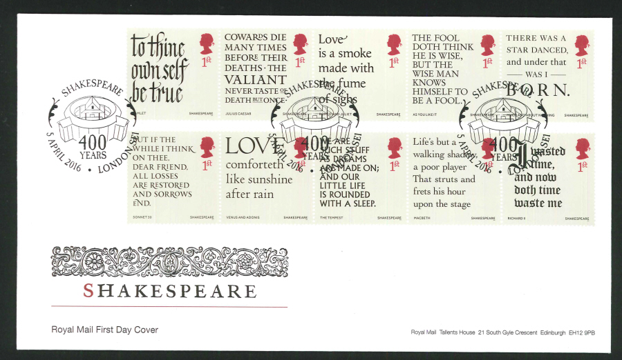 2016 - Shakespeare First Day Cover - 400 Years London SE1 1564-1616 Postmark